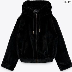 ZARA Black Faux Fur Hooded Jacket – Size Small